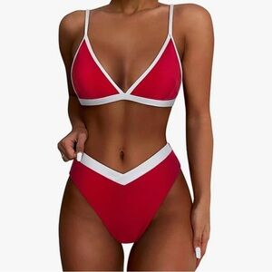 Red and White Triangle High Waist Tummy Control Bikini